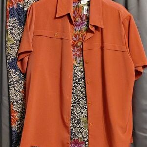 3 Piece Casual Pantsuit Rust/Floral Top  Shirt And Pants XL Medium Petite